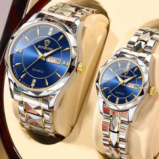 Couple Watch 2024 New Rhombus Design Quartz Wristwatch for Men Women Automatic Date Week Stainless Steel Lover's Watch Gifts