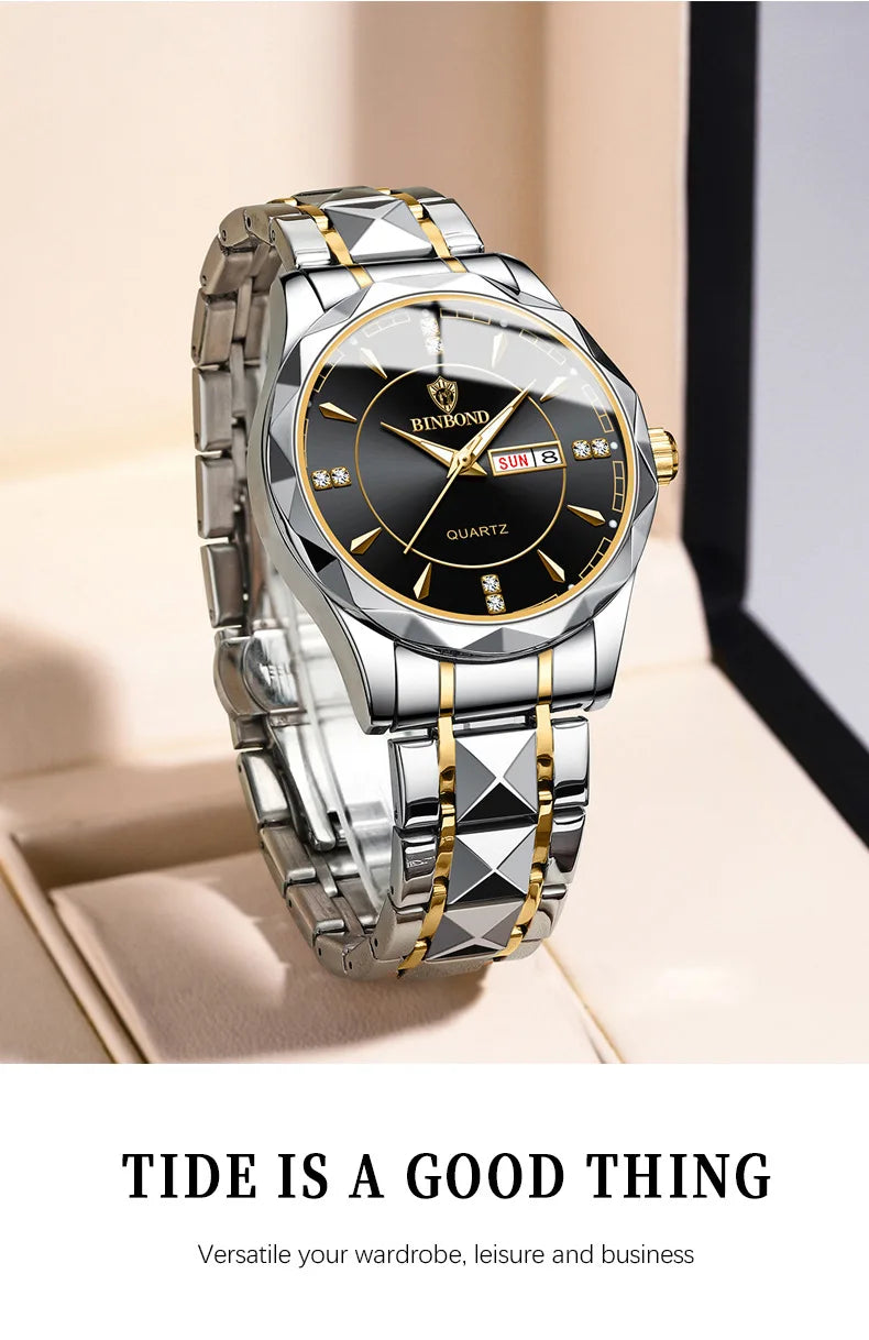 Couple Watch 2024 New Rhombus Design Quartz Wristwatch for Men Women Automatic Date Week Stainless Steel Lover's Watch Gifts