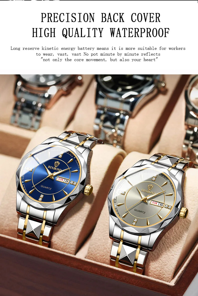 Couple Watch 2024 New Rhombus Design Quartz Wristwatch for Men Women Automatic Date Week Stainless Steel Lover's Watch Gifts