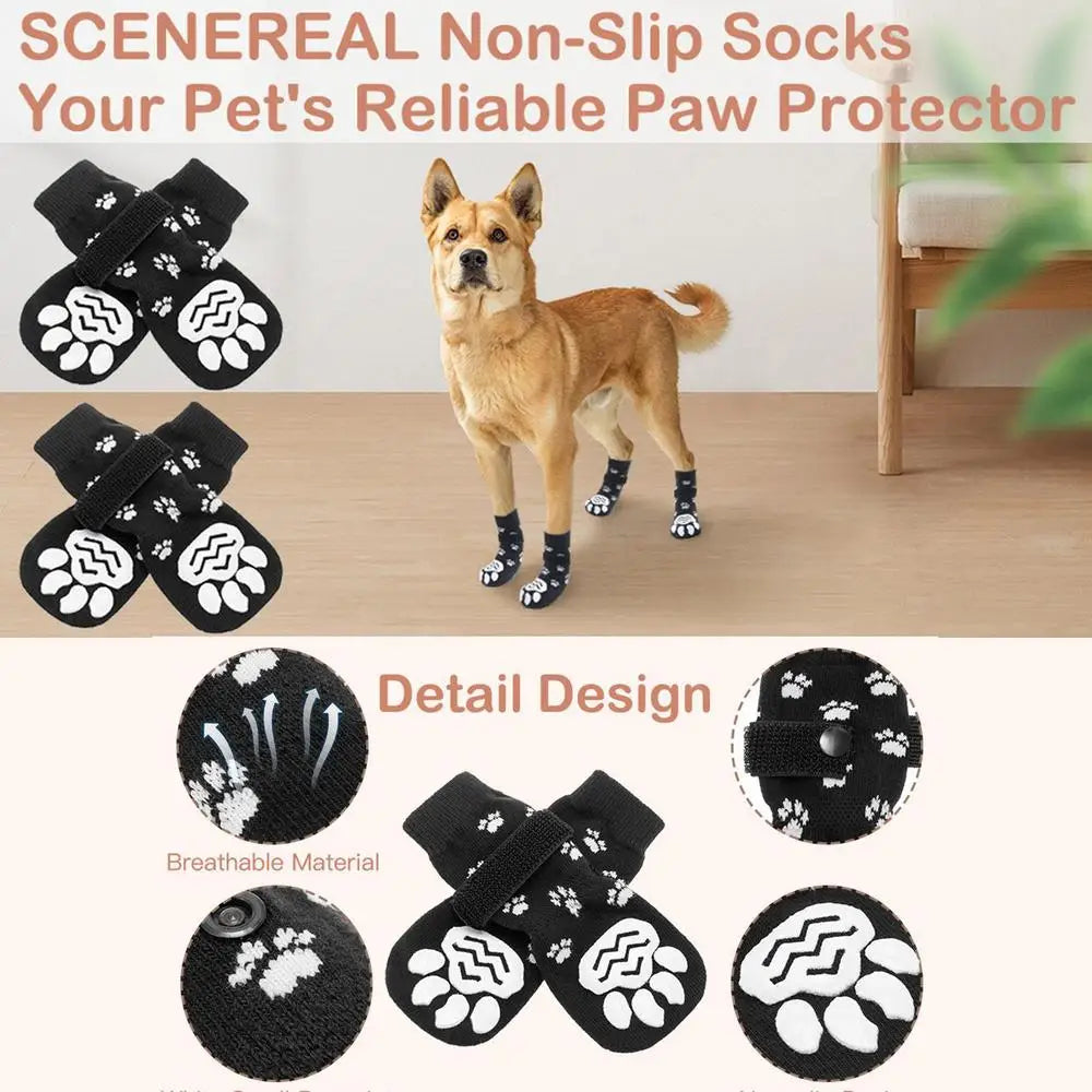 4PCS Double Side Anti-Slip Dog Socks with Adjustable Straps for Pet Paw Protector for Puppy Small Medium Large Dogs Indoor Wear