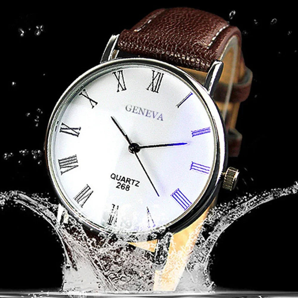 Classic Vintage Geneva Watch for Men, Analog Business Quartz Wristwatch, Roman Numerals, Blu-Ray, Faux Leather Band