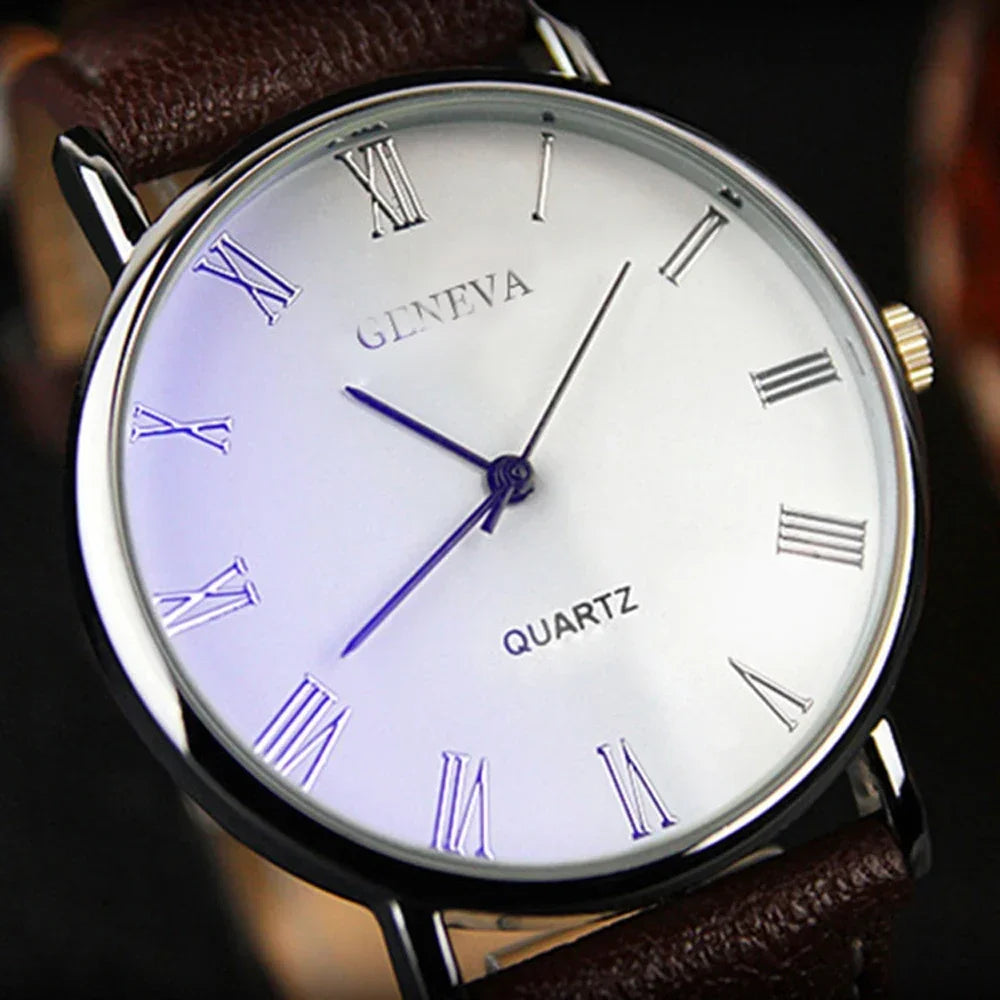 Classic Vintage Geneva Watch for Men, Analog Business Quartz Wristwatch, Roman Numerals, Blu-Ray, Faux Leather Band